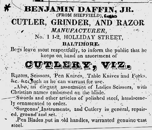 Ad from the Baltimore Biennial Advertiser; 1831